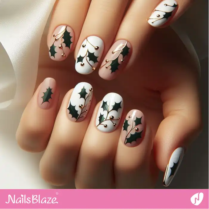 Nails with Holly Leaf Design | Nature-inspired Nails - NB1641